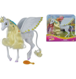 Weißes Einhorn-Spielzeug mit Flügeln, langer blonder Mähne, gelber Bürste und Verpackung im Hintergrund.