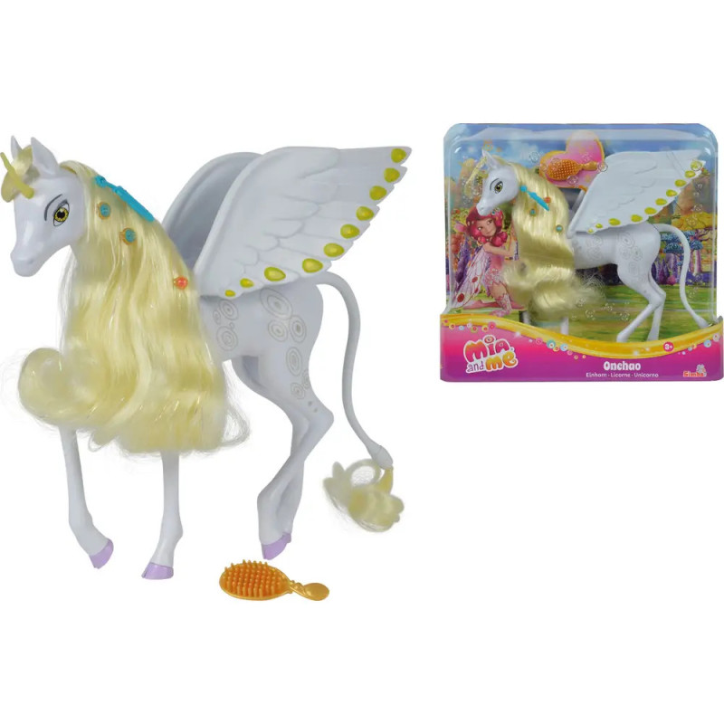Weißes Einhorn-Spielzeug mit Flügeln, langer blonder Mähne, gelber Bürste und Verpackung im Hintergrund.