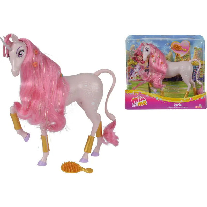 Spielzeug-Einhorn mit pinker Mähne, goldenen Accessoires, Bürste und Mia and Me-Verpackung.