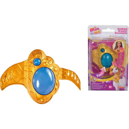 Gold-blaues Spielzeugarmband neben Verpackung mit Mia and Me-Motiv.