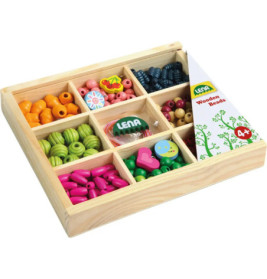 Holzbox mit bunten Perlen und Schnüren zum Schmuckbasteln, geeignet für Kinder ab 4 Jahren.
