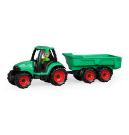 Ein grüner Spielzeugtraktor mit lächelndem Fahrer zieht einen passenden grünen Anhänger mit roten Rädern.