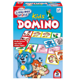 Bunte Domino-Spielbox für Kinder ab 2 Jahren mit Tiermotiven und großen Karten.