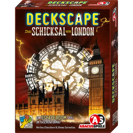 Deckscape: Das Schicksal von London Spielbox mit explodierendem Big Ben und Londoner Skyline.