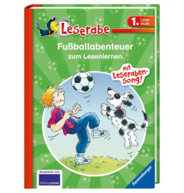 Cover: Ein Junge und ein Hund spielen Fußball, Titel: Fußballabenteuer zum Lesenlernen.
