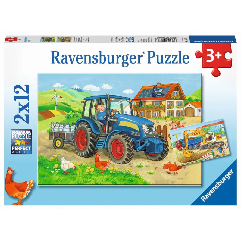 Ravensburger Puzzle 2x12 Teile mit blauem Traktor auf einem Bauernhof, Tieren und einem Landwirt auf der Schachtel.