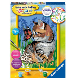 Malset-Box mit Kätzchen, das einen Schmetterling betrachtet. Unten sind Farben und ein Pinsel abgebildet.