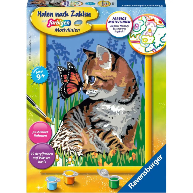 Malset-Box mit Kätzchen, das einen Schmetterling betrachtet. Unten sind Farben und ein Pinsel abgebildet.