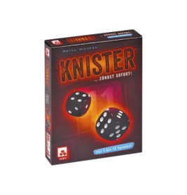 Knister-Spielbox mit zwei Würfeln, feurigem Hintergrund und deutscher Aufschrift auf der Verpackung.