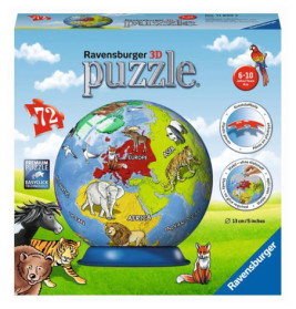 Ravensburger 3D-Globus-Puzzle, Box für Kinder von 6-10 Jahren, mit illustrierten Tieren und Kontinenten.