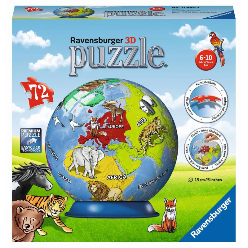 Ravensburger 3D-Globus-Puzzle, Box für Kinder von 6-10 Jahren, mit illustrierten Tieren und Kontinenten. Ravensburger 3D-Globus-Puzzle, Box für Kinder von 6-10 Jahren, mit illustrierten Tieren und Kontinenten.