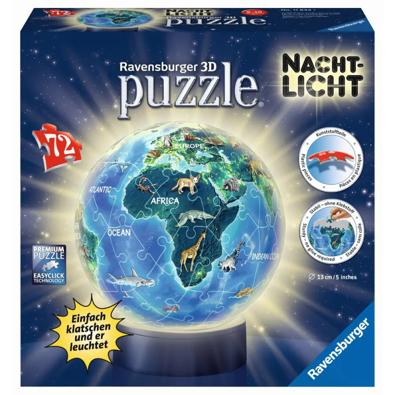 Ravensburger 118441 Puzzleball 3D Erde Nachtdesign, Nachtlicht 72 Teile