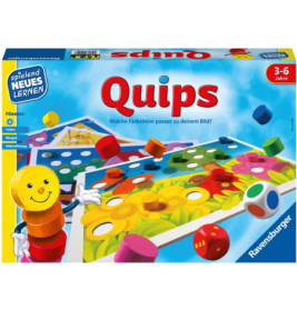 Schachtel des Kinderspiels Quips von Ravensburger mit bunten Spielsteinen und lachender Spielfigur.