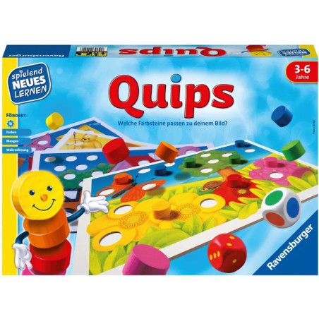 Schachtel des Kinderspiels Quips von Ravensburger mit bunten Spielsteinen und lachender Spielfigur. Schachtel des Kinderspiels Quips von Ravensburger mit bunten Spielsteinen und lachender Spielfigur.