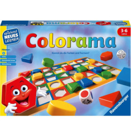 Colorama-Spielschachtel mit bunten Formen, Würfeln und einer lachenden roten Figur auf der Vorderseite.