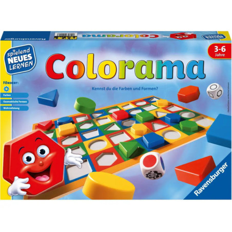 Colorama-Spielschachtel mit bunten Formen, Würfeln und einer lachenden roten Figur auf der Vorderseite.