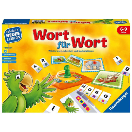 Bunte deutsche Wortspiel-Box mit grünem Papagei und Buchstabensteinen, geeignet für Kinder von 6 bis 9 Jahren. Bunte deutsche Wortspiel-Box mit grünem Papagei und Buchstabensteinen, geeignet für Kinder von 6 bis 9 Jahren.