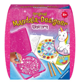 Box des Original Mandala-Designer Unicorn-Sets mit Einhorn, Mandalas, Buntstiften und Schablone.