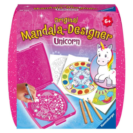 Box des Original Mandala-Designer Unicorn-Sets mit Einhorn, Mandalas, Buntstiften und Schablone.