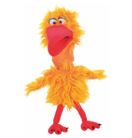 Gelbes Plüschvogel-Spielzeug mit orangen Beinen, großen Augen und rotem Schnabel steht aufrecht.