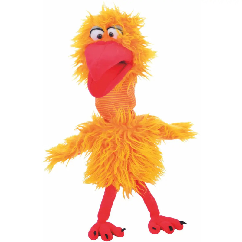 Gelbes Plüschvogel-Spielzeug mit orangen Beinen, großen Augen und rotem Schnabel steht aufrecht.