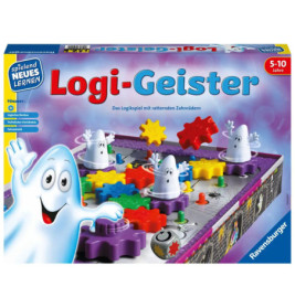 Schachtel des Spiels Logi-Geister mit bunten Zahnrädern und Comic-Geistern auf dem Cover.