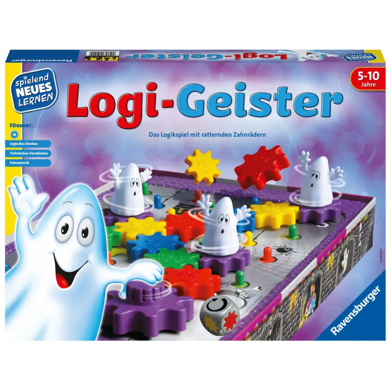 Schachtel des Spiels Logi-Geister mit bunten Zahnrädern und Comic-Geistern auf dem Cover. Schachtel des Spiels Logi-Geister mit bunten Zahnrädern und Comic-Geistern auf dem Cover.