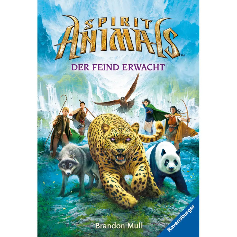 Buchcover mit Kindern und Geistertieren (Leopard, Panda, Wolf, Falke, Waschbär) in einer Fantasielandschaft.