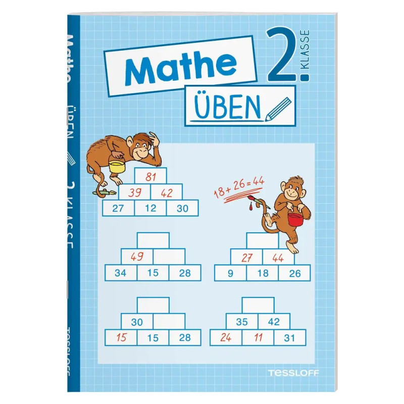 Mathe-Übungsheft für die 2. Klasse mit Affen und Zahlenrätseln auf blau kariertem Hintergrund.