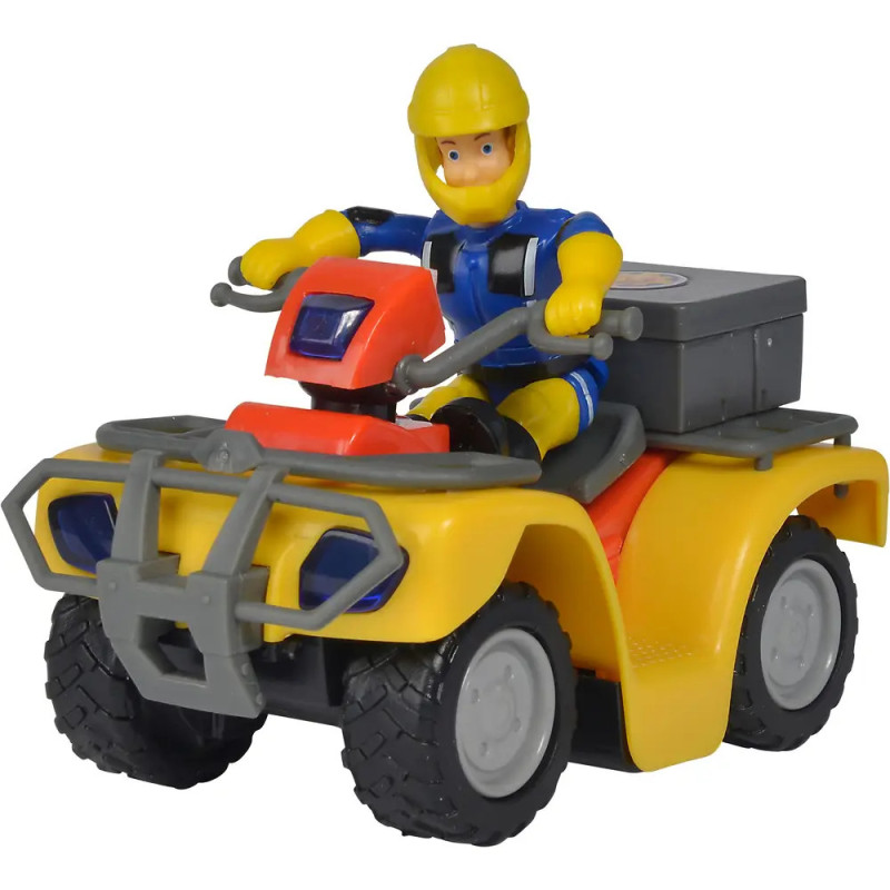 Spielfigur in blau-gelber Ausrüstung fährt ein gelb-rotes Quad mit großen schwarzen Rädern. Spielfigur in blau-gelber Ausrüstung fährt ein gelb-rotes Quad mit großen schwarzen Rädern.