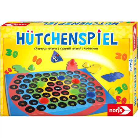 Spieleschachtel von Hütchenspiel mit bunten Spielfiguren und Zahlen auf dem Cover.