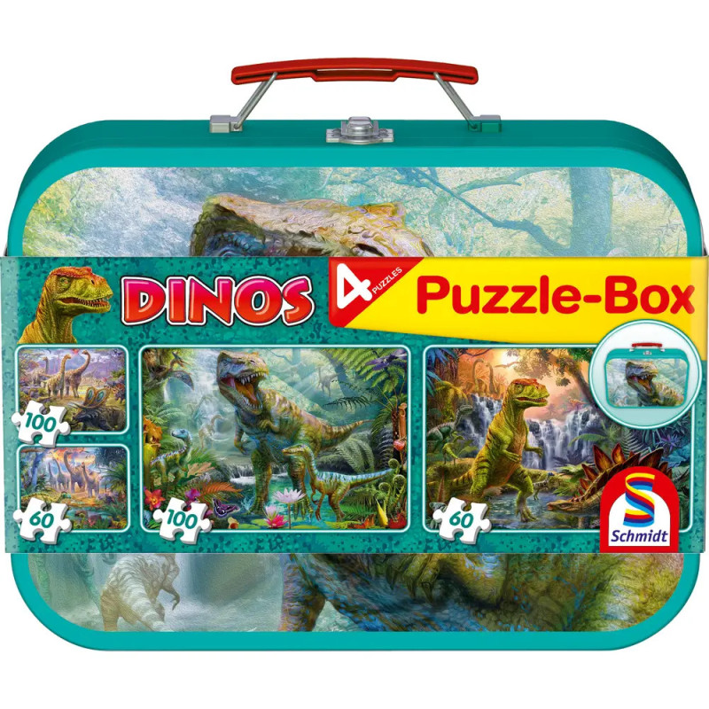Türkise Puzzle-Box mit Dinosauriermotiven, Aufschrift Dinos Puzzle-Box, enthält vier Puzzles.