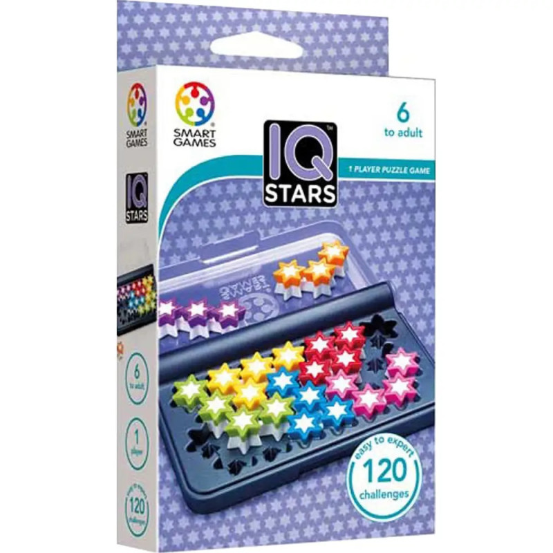 IQ Stars Puzzle-Spiel: Bunte Stern-Teile, Schachtel mit Hinweis auf 120 Aufgaben, geeignet ab 6 Jahren bis Erwachsene.