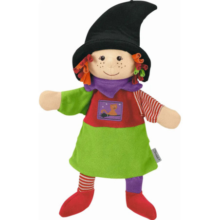 Weiche Stoffpuppe als Hexe mit schwarzem Hut, grünem Kleid, gestreiften Ärmeln und roten Schuhen. Weiche Stoffpuppe als Hexe mit schwarzem Hut, grünem Kleid, gestreiften Ärmeln und roten Schuhen.