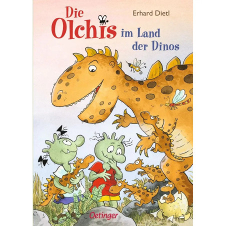 Drei grüne Olchis treffen einen großen Dinosaurier Buchtitel: Die Olchis im Land der Dinos. Drei grüne Olchis treffen einen großen Dinosaurier Buchtitel: Die Olchis im Land der Dinos.