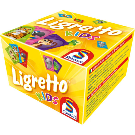 Gelbe Ligretto Kinder-Spielschachtel mit Tiermotiven und Schmidt-Logo.