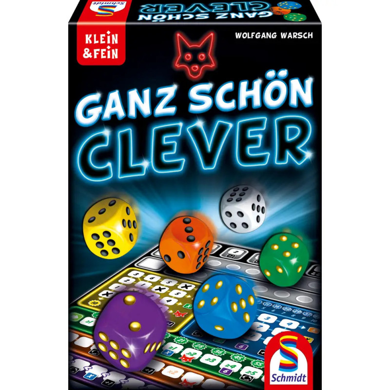 Ganz schön clevere Spielbox mit bunten Würfeln und Schmidt-Logo unten rechts.