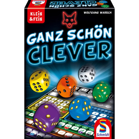 Ganz schön clevere Spielbox mit bunten Würfeln und Schmidt-Logo unten rechts.