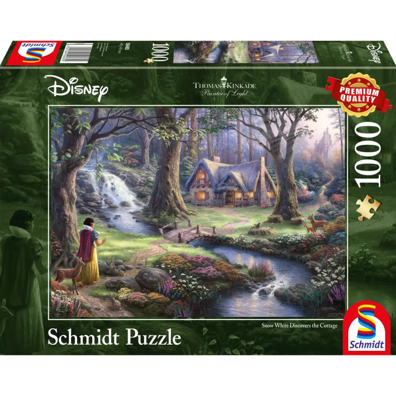 Schneewittchen steht an einem Bach und blickt auf ein Häuschen im bunten Wald das Motiv ziert eine Puzzle-Schachtel. Schneewittchen steht an einem Bach und blickt auf ein Häuschen im bunten Wald das Motiv ziert eine Puzzle-Schachtel.