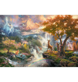 Hirsche und andere Tiere versammeln sich an Wasserfällen, Bergen und einem Regenbogen unter einem leuchtenden Himmel mit Blitzen