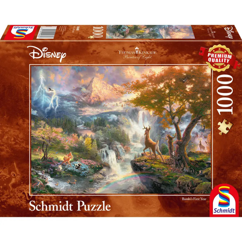 Schmidt 1000 Teile Disney Puzzle mit farbenfrohem Waldmotiv, Bambi, Klopfer und einem Wasserfall auf der Box.