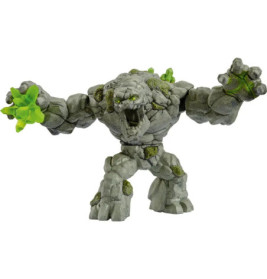 Graues Felsenmonster-Spielzeug mit leuchtenden grünen Kristallen an den Händen, Moosflecken und erhobenen Armen.