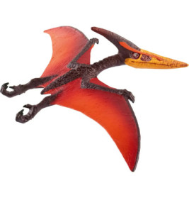 Rotes und braunes Spielzeug-Pterodaktylus mit ausgebreiteten Flügeln und langem, gelbem Schnabel.