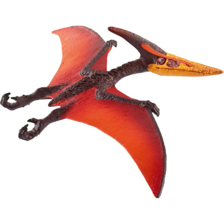 Rotes und braunes Spielzeug-Pterodaktylus mit ausgebreiteten Flügeln und langem, gelbem Schnabel. Rotes und braunes Spielzeug-Pterodaktylus mit ausgebreiteten Flügeln und langem, gelbem Schnabel.