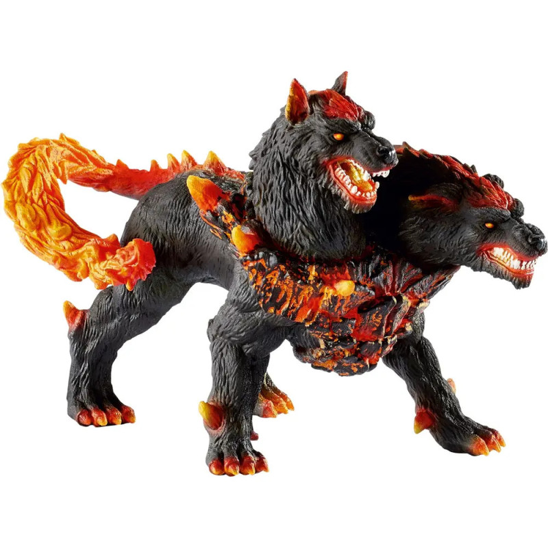 Zweiköpfige, schwarz-rote Wolfsfigur mit Flammendetails an Körper und Schweif. Zweiköpfige, schwarz-rote Wolfsfigur mit Flammendetails an Körper und Schweif.