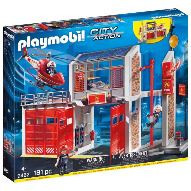 Playmobil City Action Feuerwehr-Set mit Feuerwehrmännern, Hubschraubern und detailreicher Feuerwache auf der Verpackung. Playmobil City Action Feuerwehr-Set mit Feuerwehrmännern, Hubschraubern und detailreicher Feuerwache auf der Verpackung.