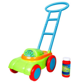 Bunter Seifenblasen-Rasenmäher mit roten Rädern und blauem Griff neben einer Flasche Seifenblasenlösung.