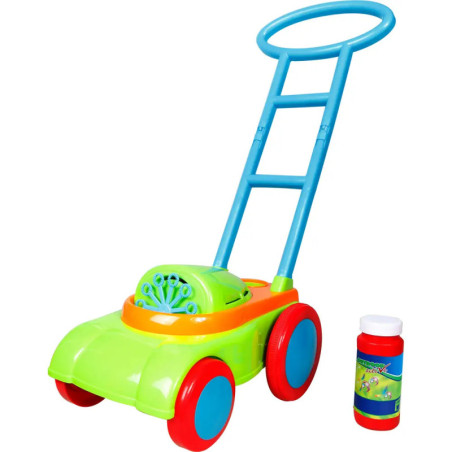 Bunter Seifenblasen-Rasenmäher mit roten Rädern und blauem Griff neben einer Flasche Seifenblasenlösung.