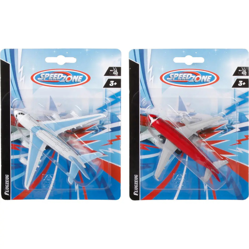 Zwei Spielzeugflugzeuge, eins weiß und eins rot, in Speed Zone Verpackung für Kinder ab 3 Jahren.