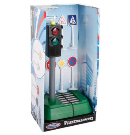 Spielzeug-Ampel mit Zebrastreifen, verpackt in einer Box mit Verkehrsschildern und Stadtansicht.